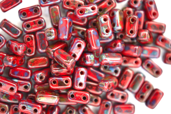 50x CzechMates Bricks Czech Beads 3x6mm Picasso Opaque Red Beadacious