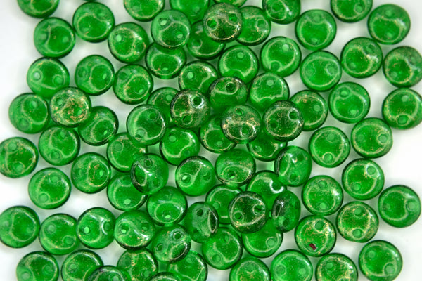 50x CzechMates Lentil Czech Beads 6mm Gold Marbled Green Emerald Beadacious