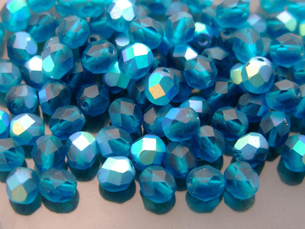 50x Fire Polished 6mm Czech Seed Beads Capri Blue AB Matt Beadacious