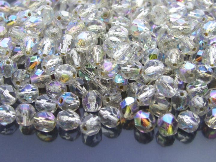 50x Fire Polished 6mm Czech Seed Beads Crystal AB Silver Lined Beadacious