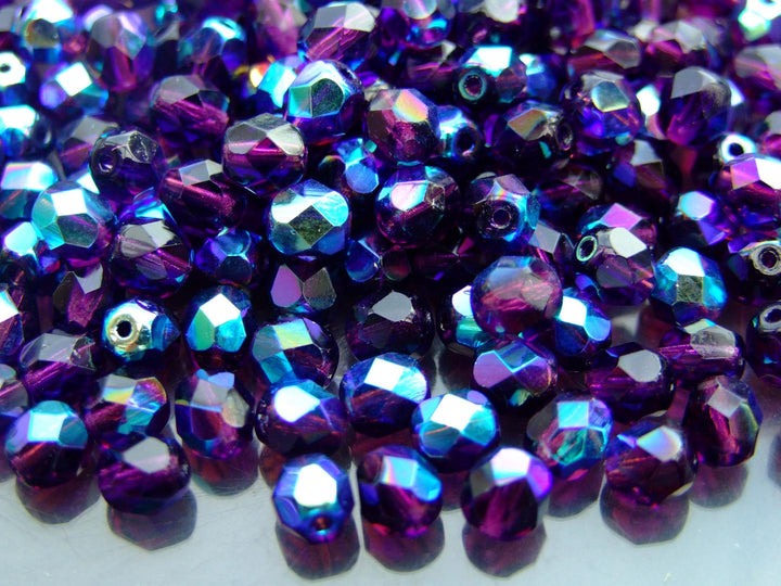 50x Fire Polished 6mm Czech Seed Beads Dark Amethyst AB Beadacious