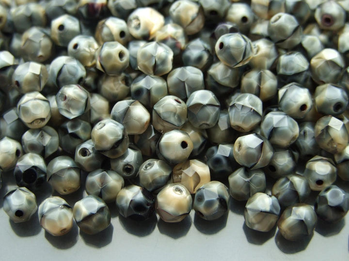 50x Fire Polished 6mm Czech Seed Beads Gray w/Black Swirl Beadacious