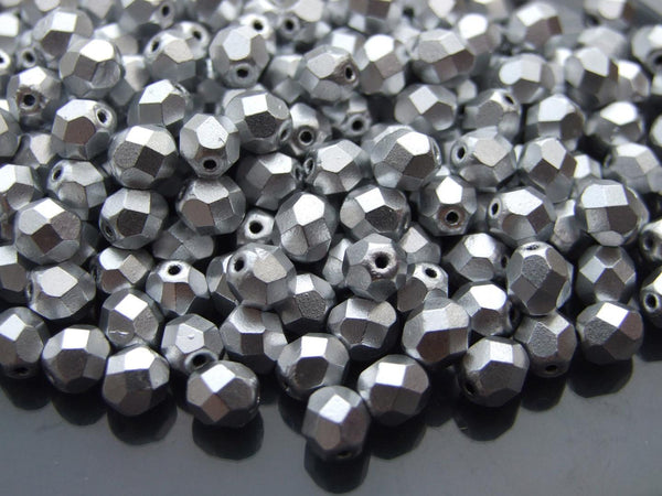 50x Fire Polished 6mm Czech Seed Beads Matte Metallic Silver Beadacious