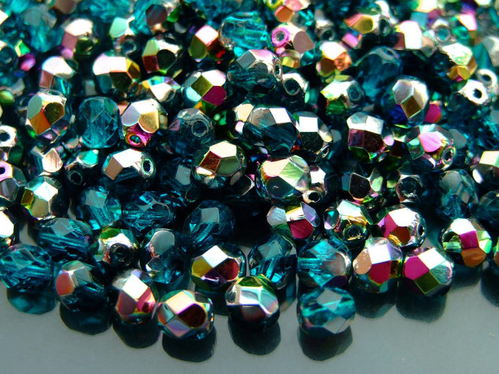 50x Fire Polished 6mm Czech Seed Beads Teal Vitrail Beadacious