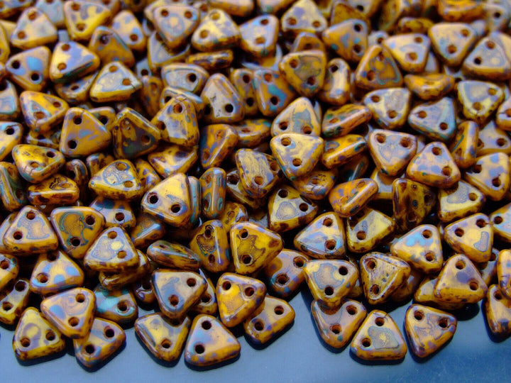 5g CzechMates Triangle Czech Beads 6mm Picasso Opaque Yellow Beadacious