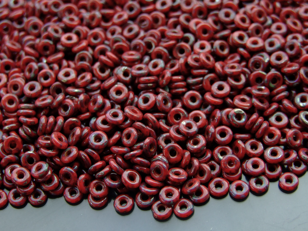 5g O Bead Czech Seed Beads 1x3.8mm Opaque Red Picasso Silver Beadacious