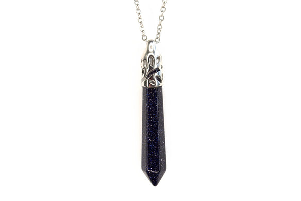 Blue Goldstone Crystal Long Point Pendant Natural Gemstone Necklace Healing Ston