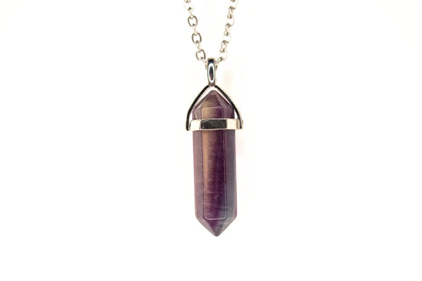 Purple Fluorite Crystal Point Pendant Natural Gemstone Necklace Cracks 2nd quali