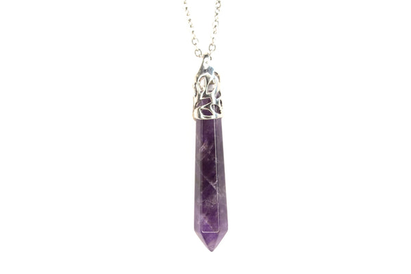 Amethyst Crystal Long Point Pendant Natural Gemstone Necklace Healing Stone