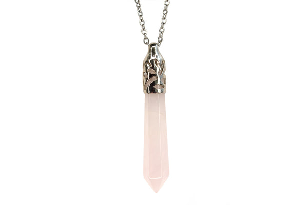 Rose Quartz Crystal Long Point Pendant Natural Gemstone Necklace Healing Stone C