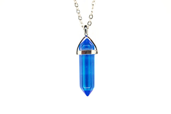 Sapphire Glass Point Pendant Manmade Gemstone Necklace with Chain