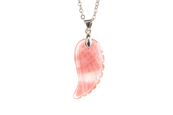 Cherry Quartz Manmade Gemstone Angel Wing Pendant Necklace Chakra Healing Stone