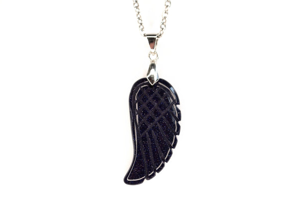 Blue Goldstone Gemstone Angel Wing Pendant Necklace Chakra Healing Stone