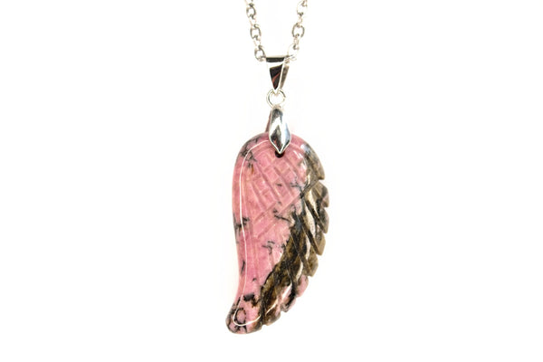 Rhodonite Gemstone Angel Wing Pendant Necklace Natural Chakra Healing Stone