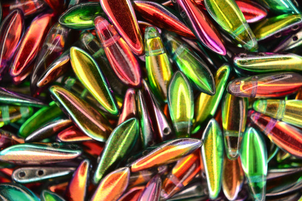 25x CzechMates Dagger Czech Beads 5x16mm Coated Marea Peacock Gold