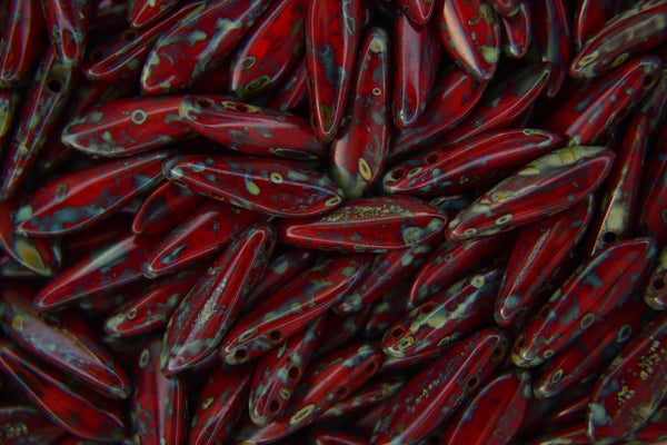 25x CzechMates Dagger Czech Beads 5x16mm Opaque Red Picasso