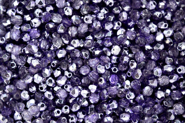 120+ Fire Polished 3mm Czech Seed Beads Coated 1/2 Silver Violet