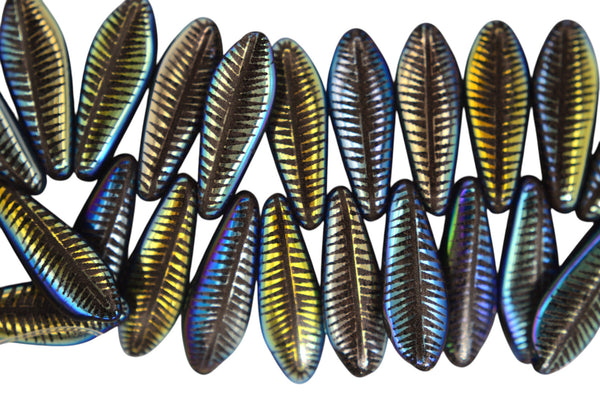 25x Czech Dagger Beads 16mm x 5mm Jet Laser Feather