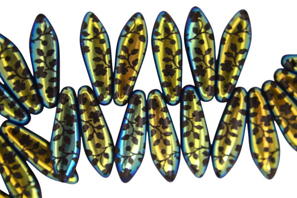 25x Czech Dagger Beads 16mm x 5mm Jet Laser Flower