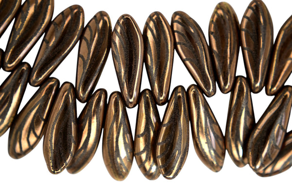25x Czech Dagger Beads 16mm x 5mm Jet Laser Gold Wing