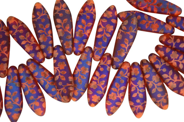 25x Czech Dagger Beads 16mm x 5mm Orange Transparent Laser Matte Flow