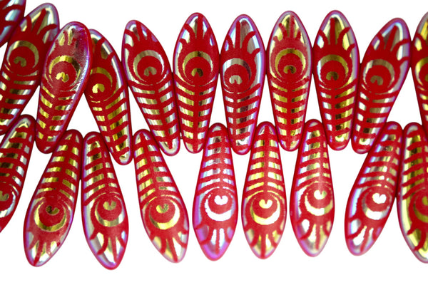 25x Czech Dagger Beads 16mm x 5mm Red Laser Eye