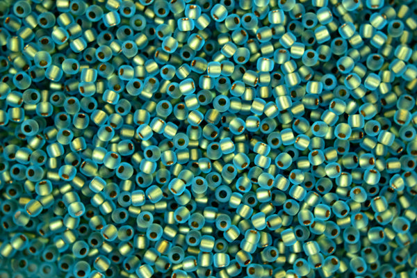 10g TOHO 11/0 Round Japanese Seed Beads 2mm 995F Gold Lined Frosted Aquamarine