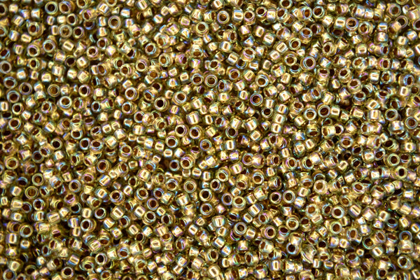 10g TOHO 15/0 Round Japanese Seed Beads 1.5mm 998 Gold Lined Light Jonquil Rainbow