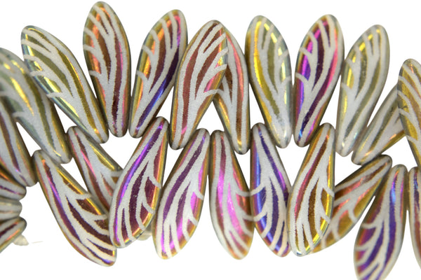 25x Czech Dagger Beads 16mm x 5mm White Laser Wing Sliperit